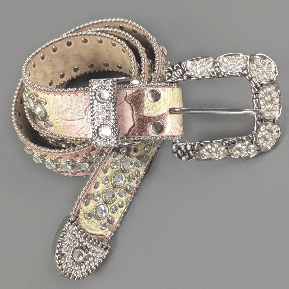 Western Iridescent 1.5" Pink Gold Leather Rhinestone Studded Belt Silver Buckle